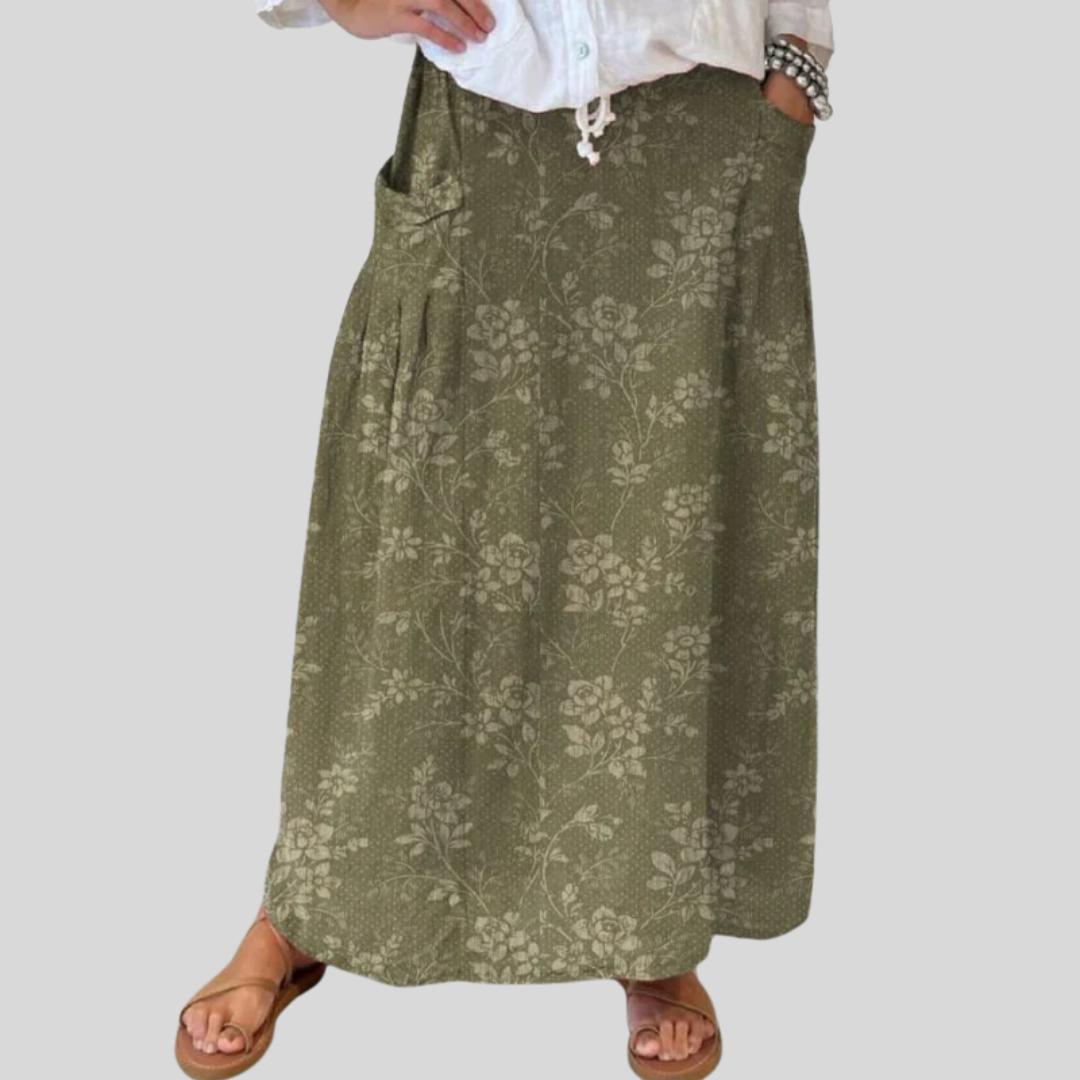 Vintage Floral A-Line Maxi Skirt with Elastic Waist and Pockets — detail view