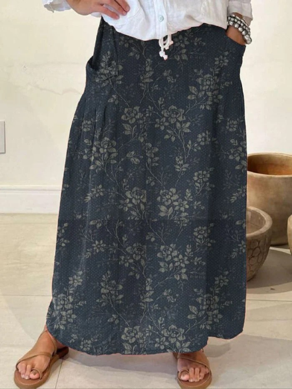 Vintage Floral A-Line Maxi Skirt with Elastic Waist and Pockets — side view