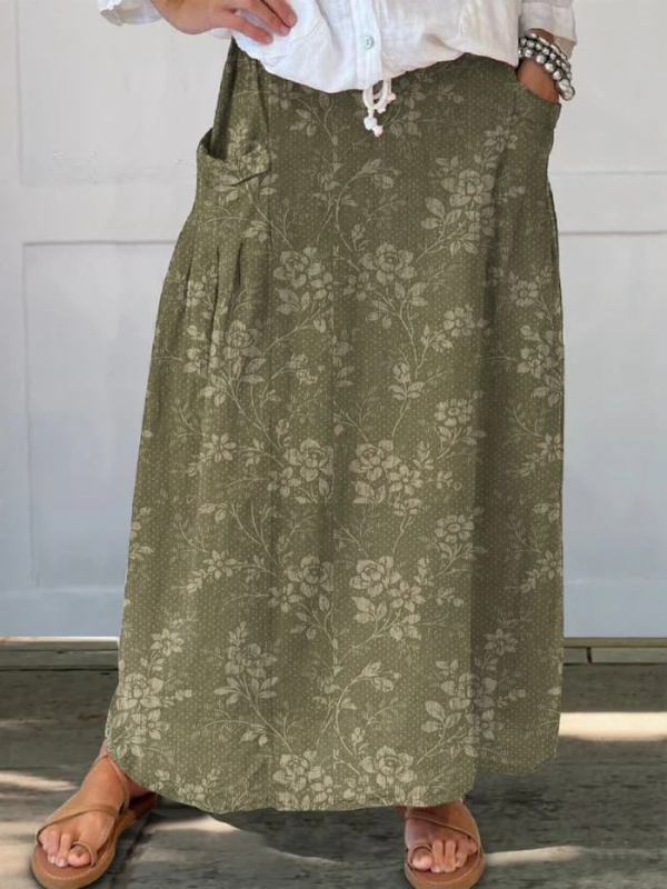 Vintage Floral A-Line Maxi Skirt with Elastic Waist and Pockets