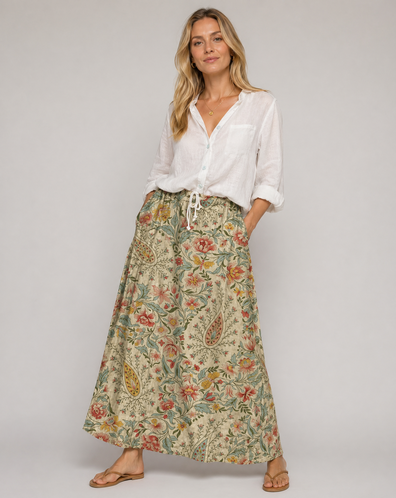 Vintage Floral Print Beige A-Line Skirt with Pockets — back view
