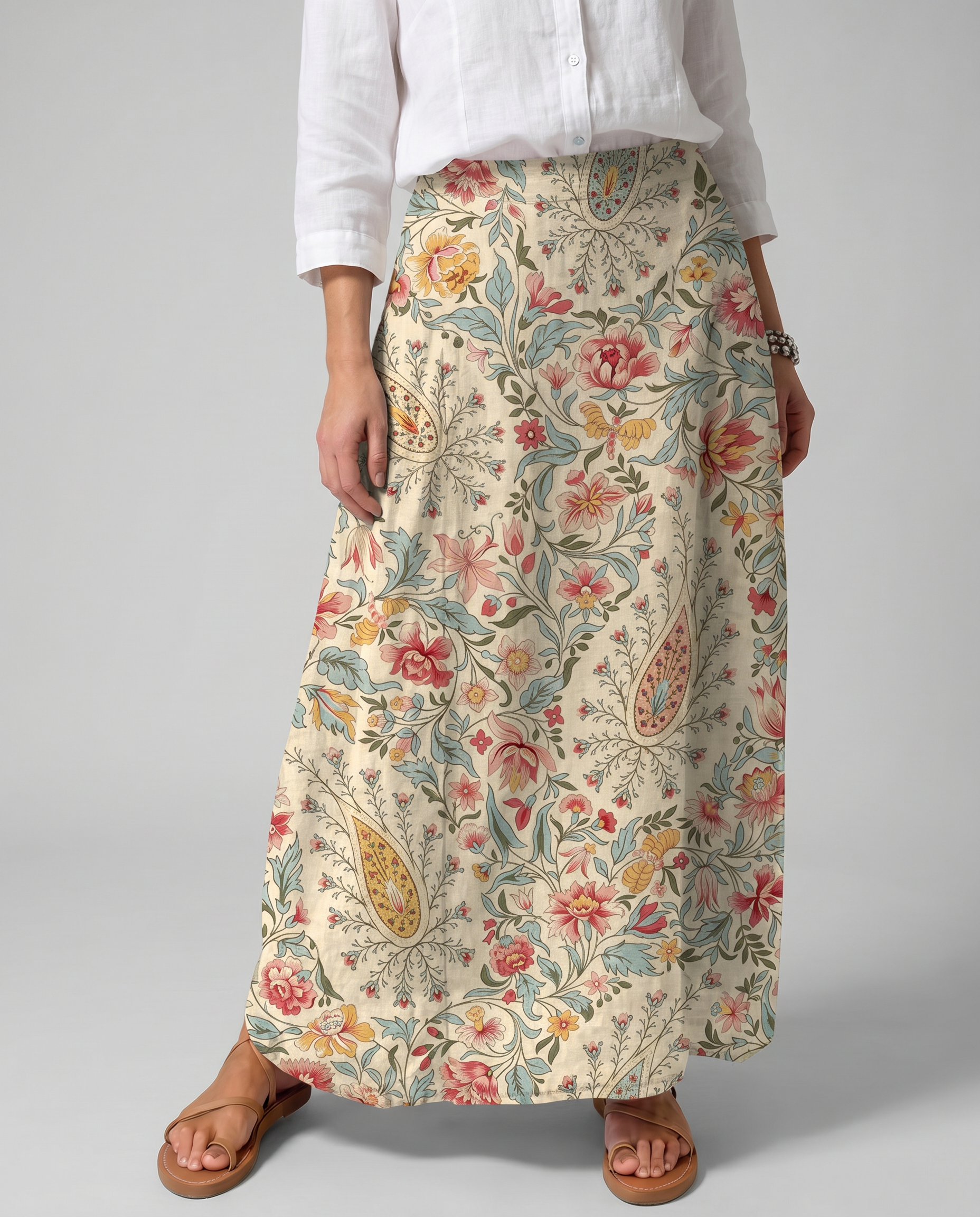 Vintage Floral Print Beige A-Line Skirt with Pockets — detail view