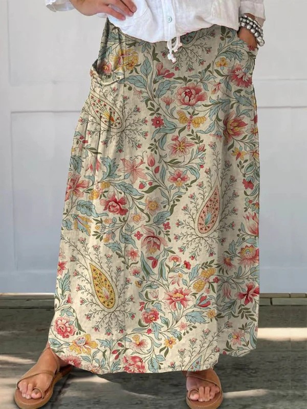 Vintage Floral Print Beige A-Line Skirt with Pockets — model wearing