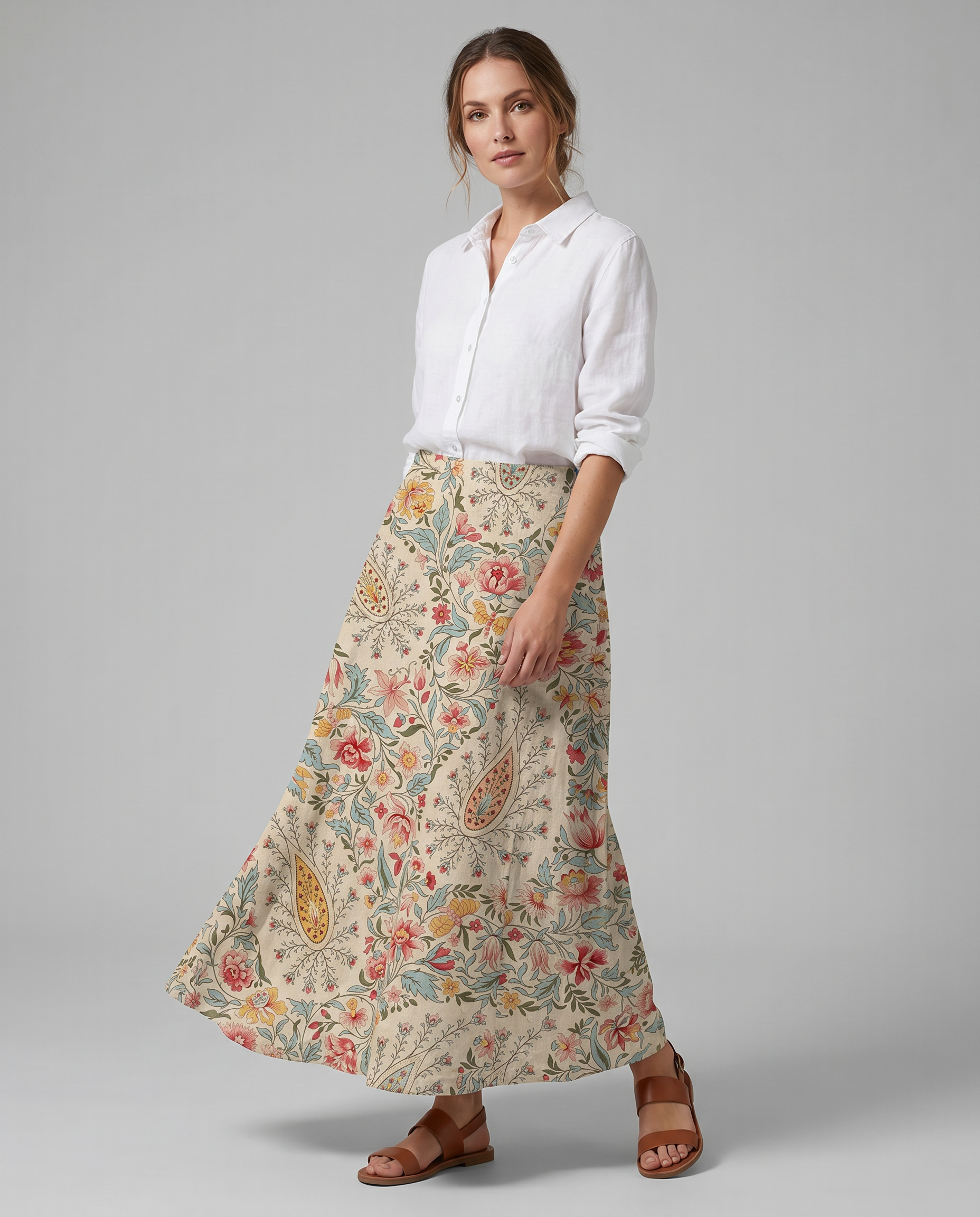 Vintage Floral Print Beige A-Line Skirt with Pockets — side view