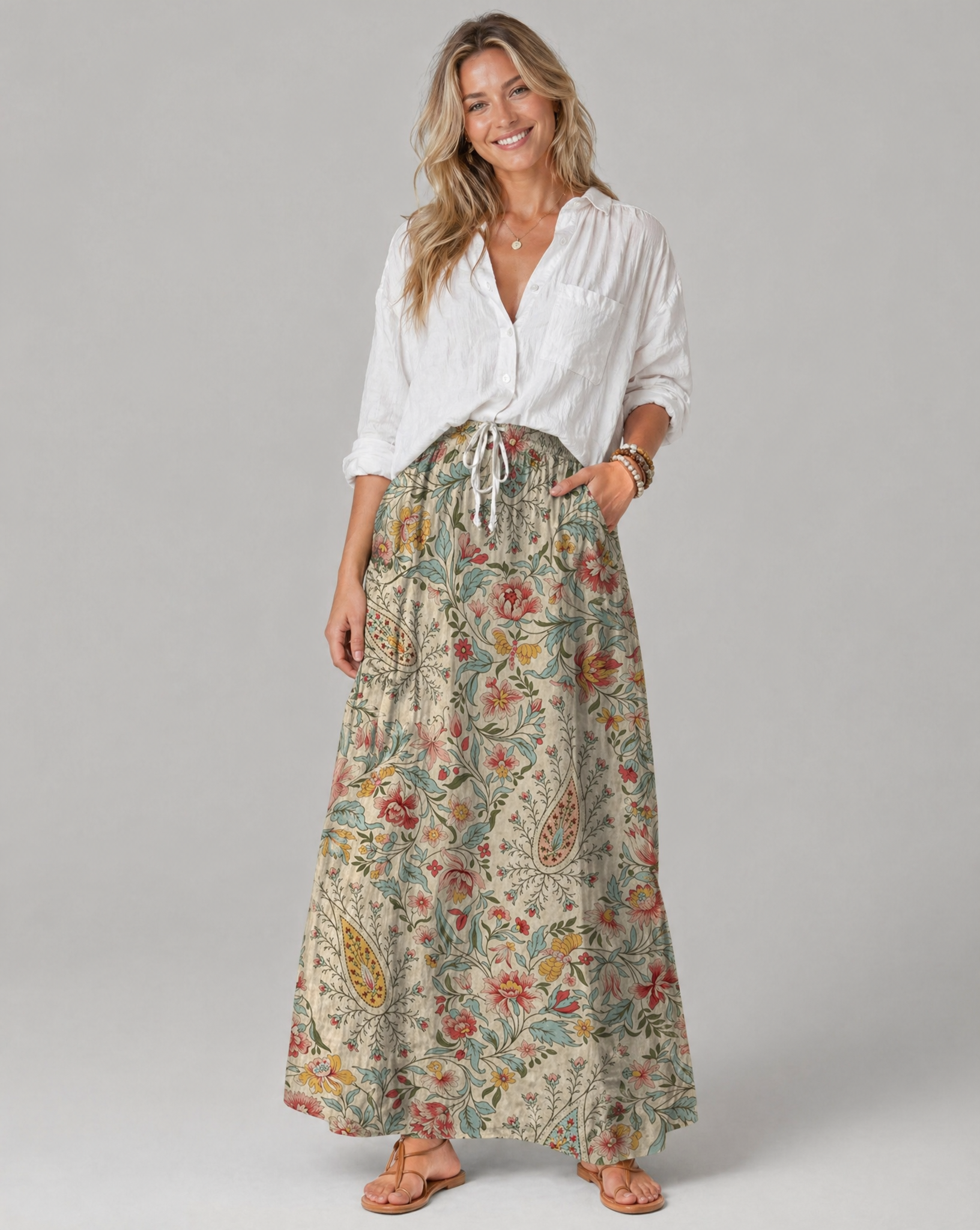 Vintage Floral Print Beige A-Line Skirt with Pockets
