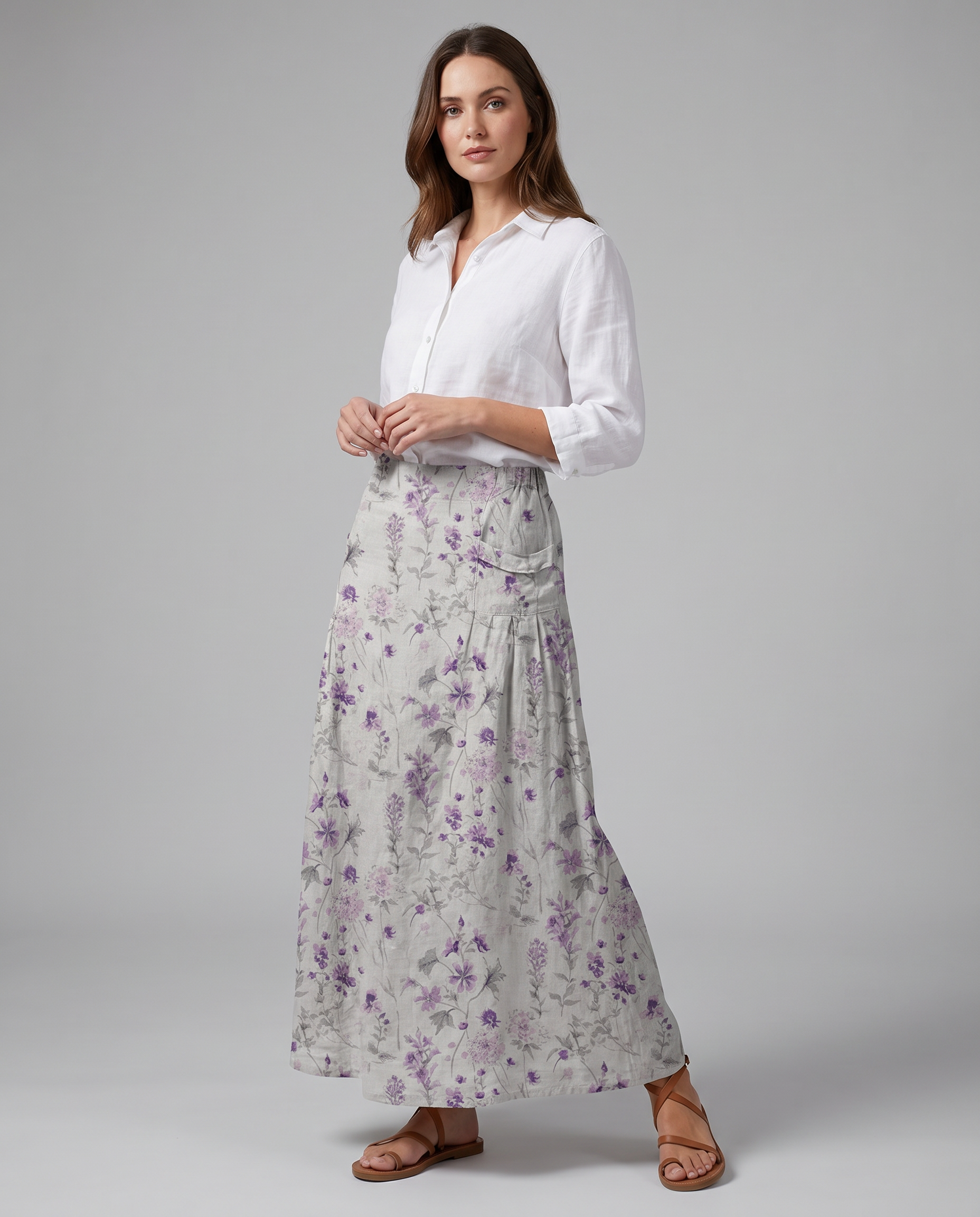 Vintage Floral Print White A-Line Pocket Skirt — back view