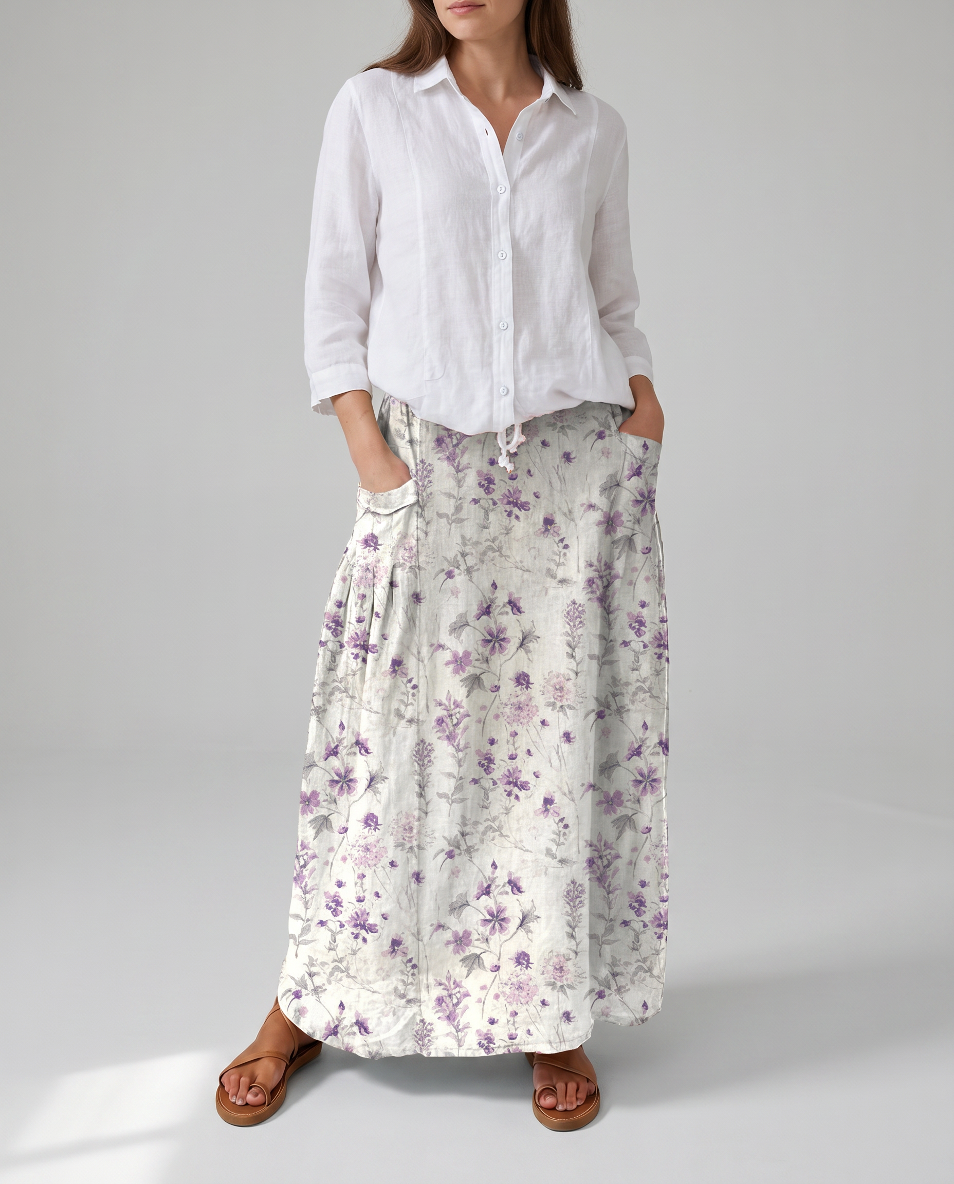 Vintage Floral Print White A-Line Pocket Skirt — detail view
