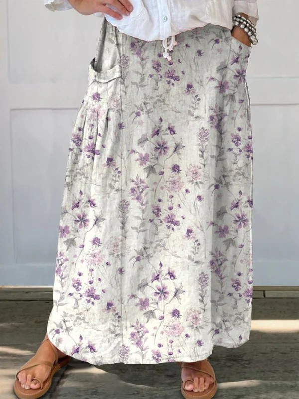 Vintage Floral Print White A-Line Pocket Skirt — model wearing