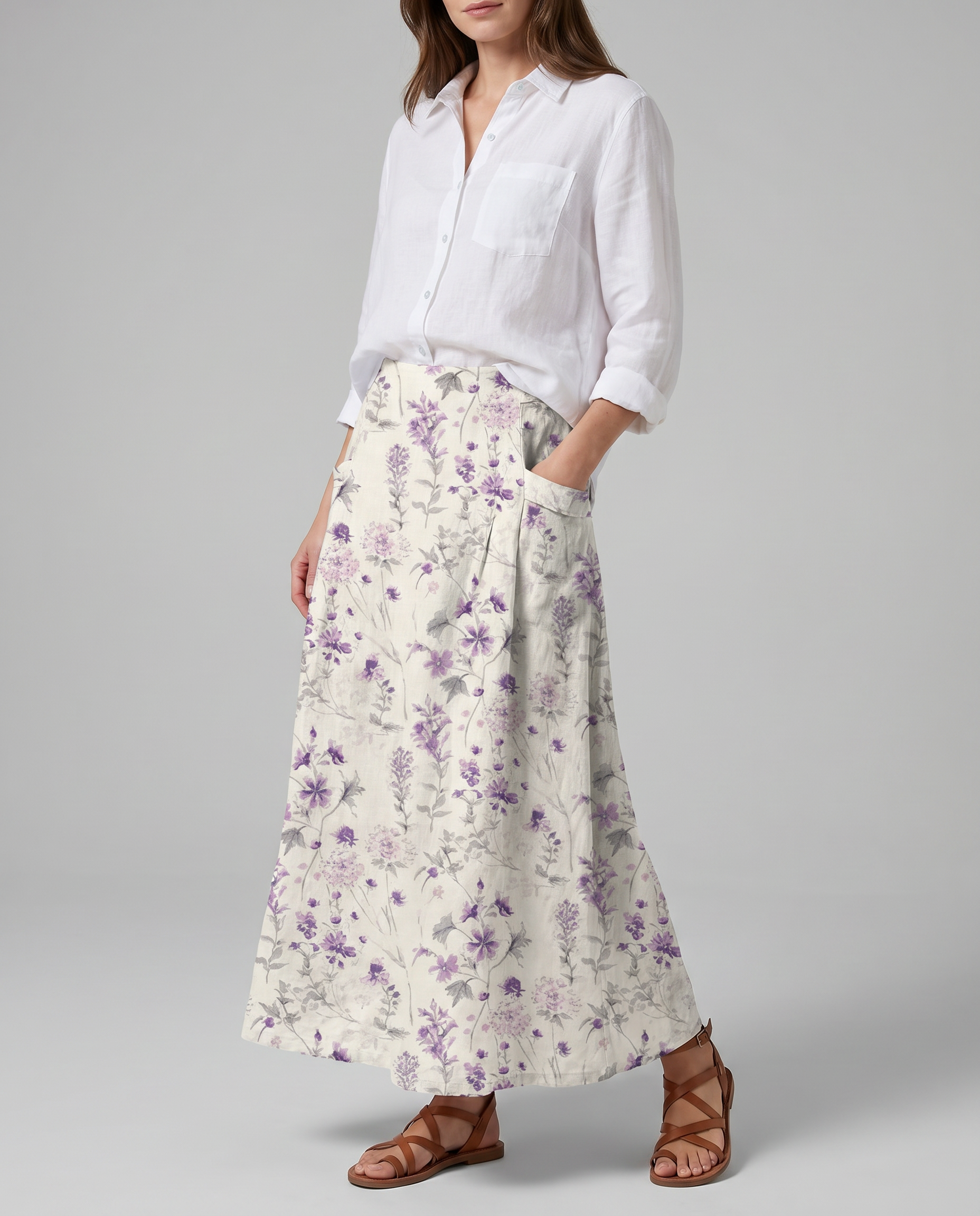 Vintage Floral Print White A-Line Pocket Skirt — side view