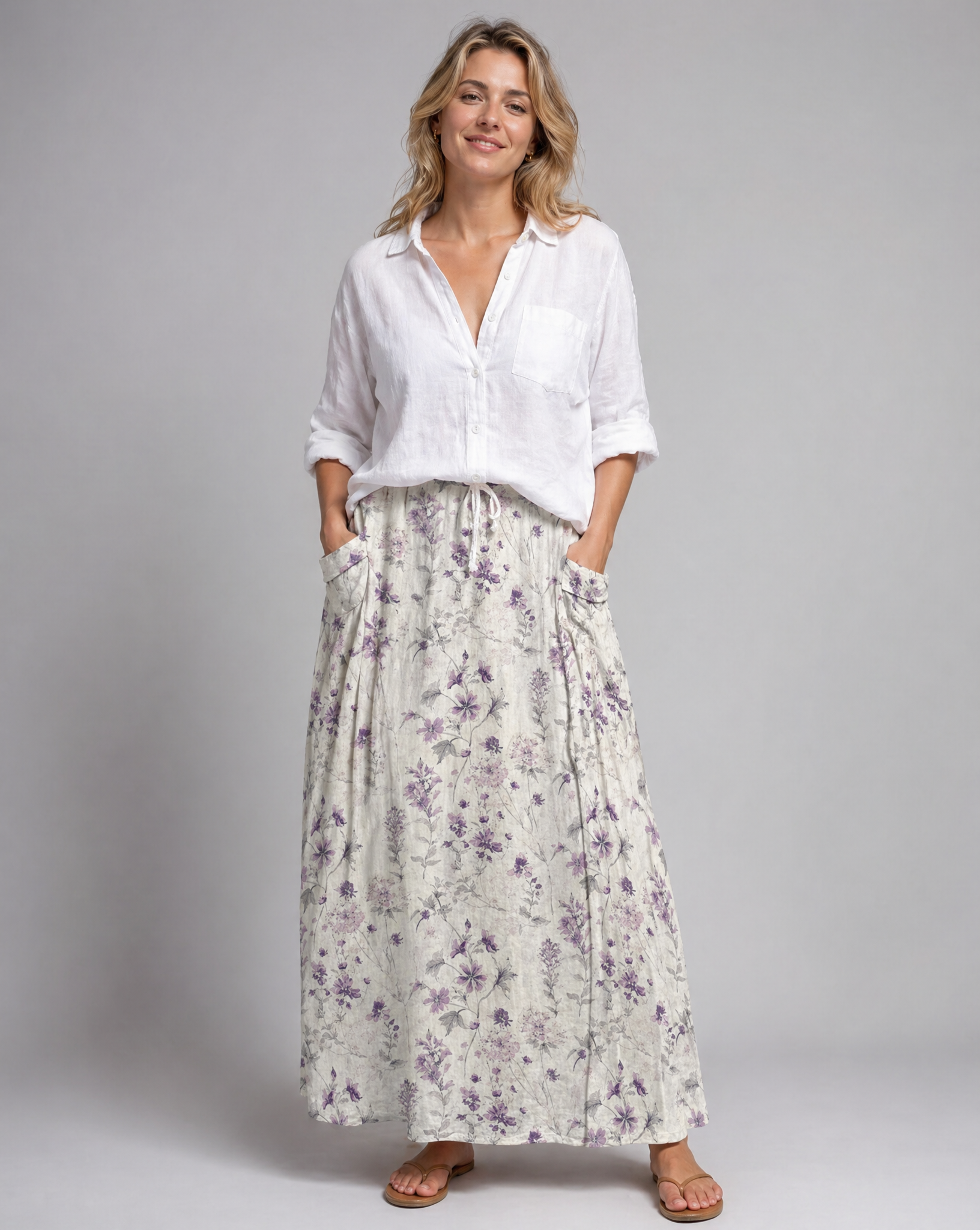 Vintage Floral Print White A-Line Pocket Skirt