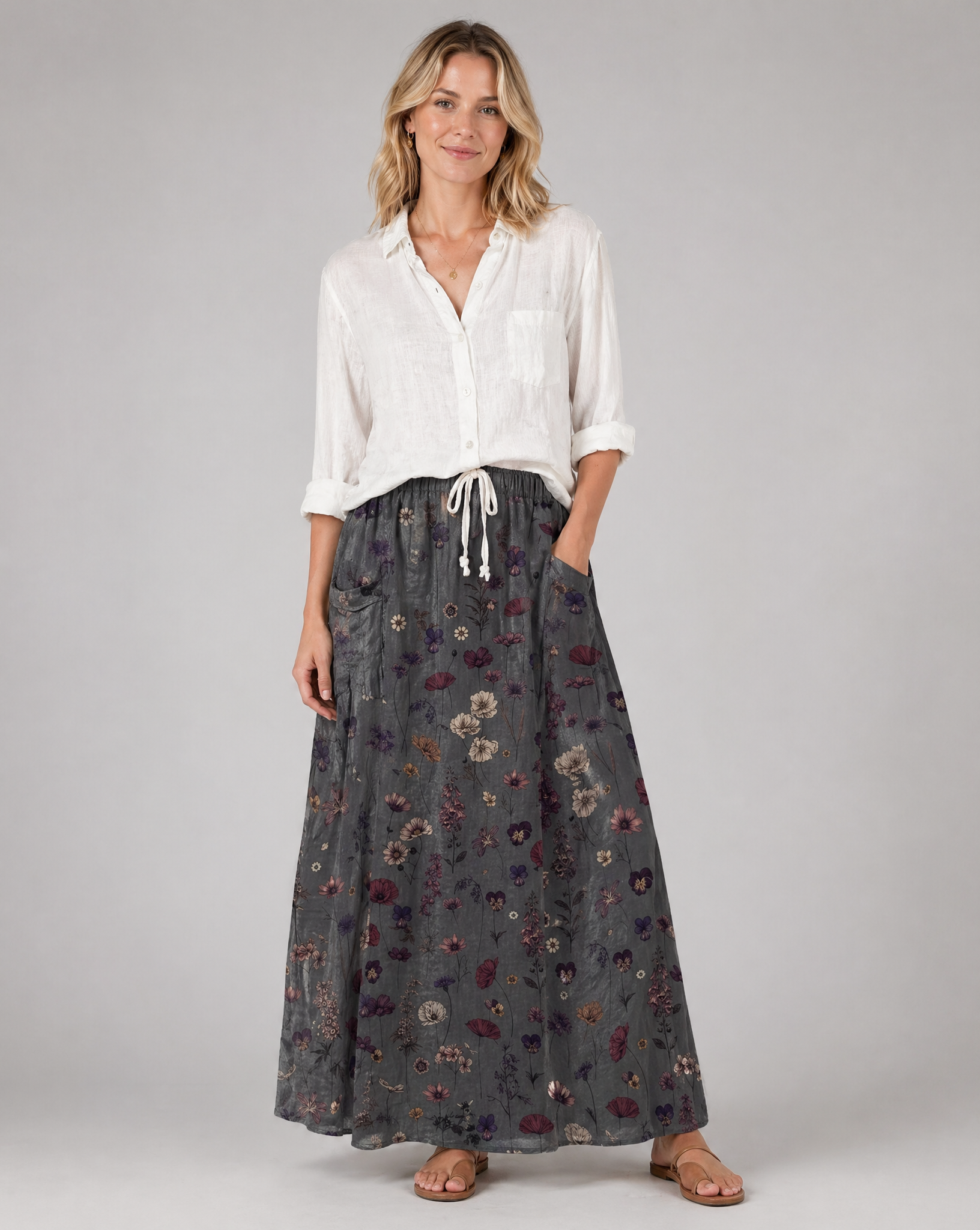 Vintage Flower Art Print Pocket Maxi Skirt — back view