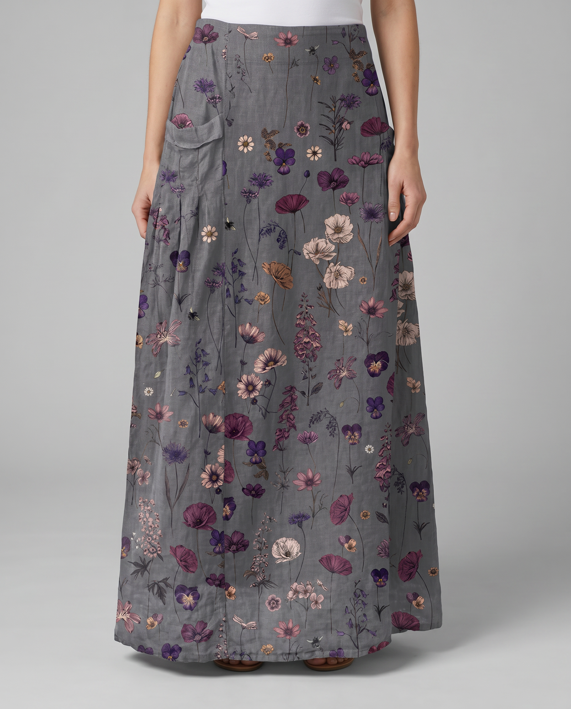 Vintage Flower Art Print Pocket Maxi Skirt — model wearing