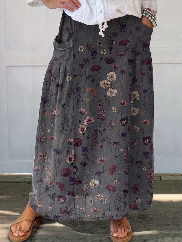 Vintage Flower Art Print Pocket Maxi Skirt — side view