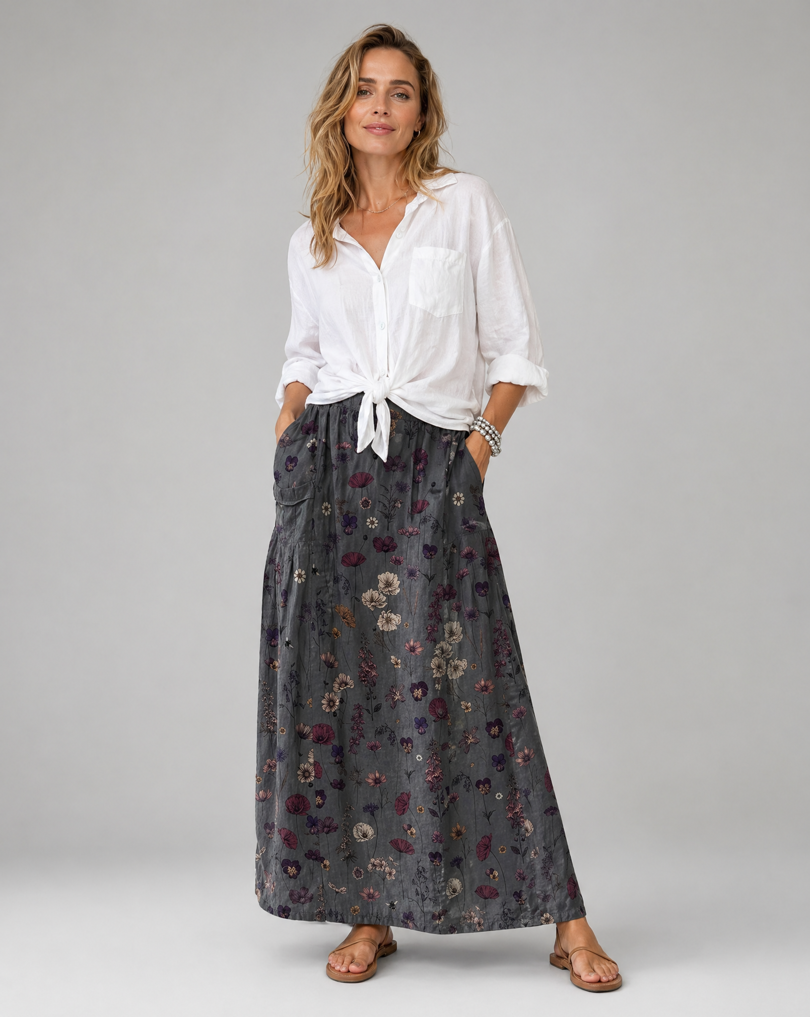 Vintage Flower Art Print Pocket Maxi Skirt