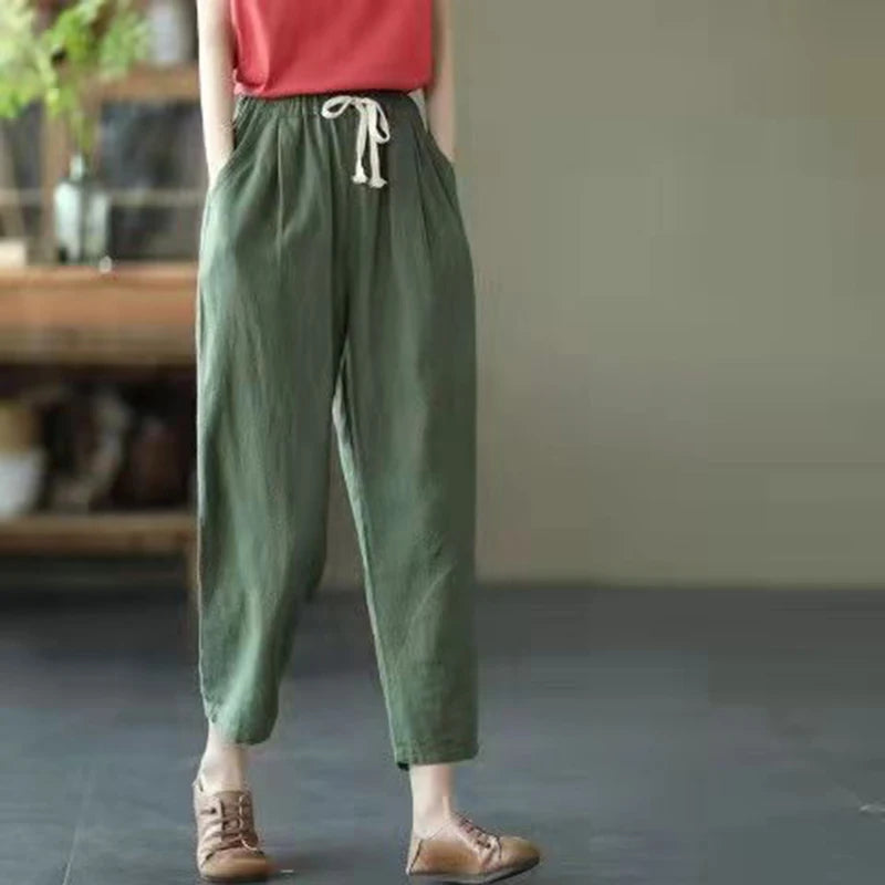 Vintage Ladies Harem Trousers – Comfortable High Waist Cotton-Linen Blend — alternative angle