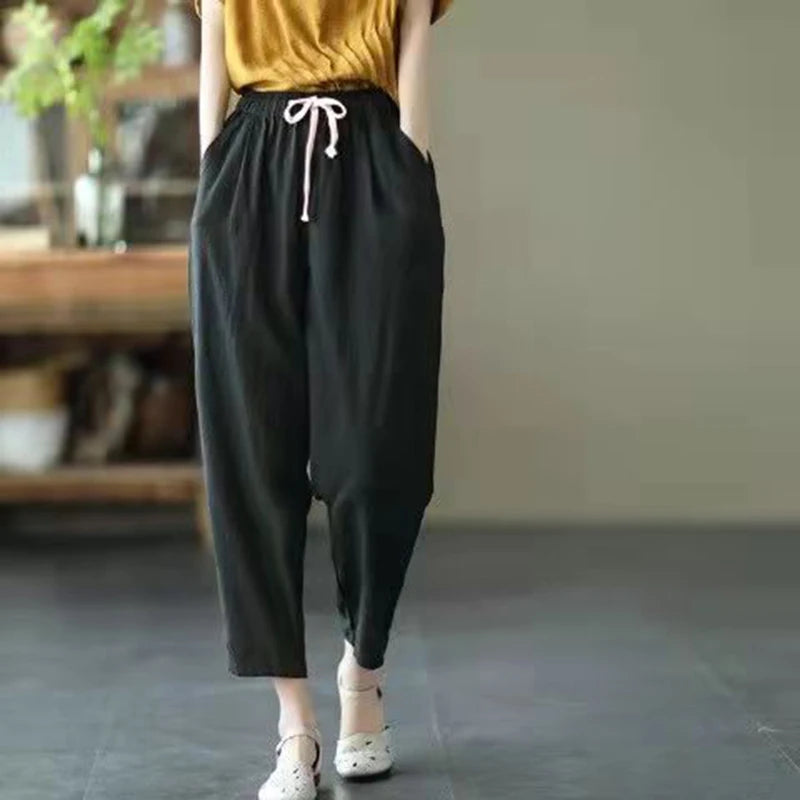 Vintage Ladies Harem Trousers – Comfortable High Waist Cotton-Linen Blend — back view
