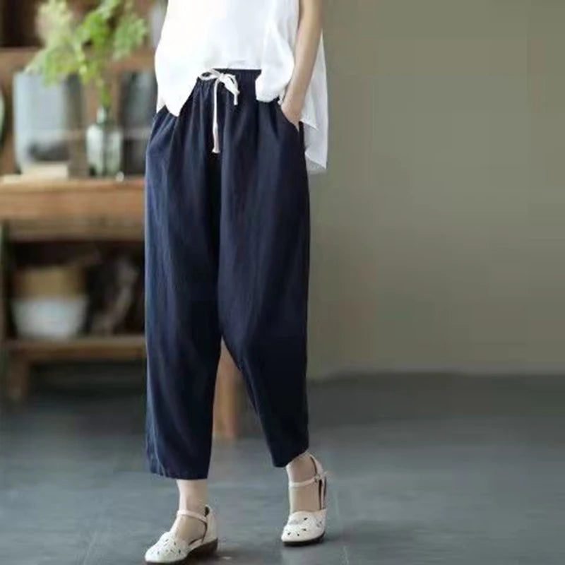 Vintage Ladies Harem Trousers – Comfortable High Waist Cotton-Linen Blend — close-up