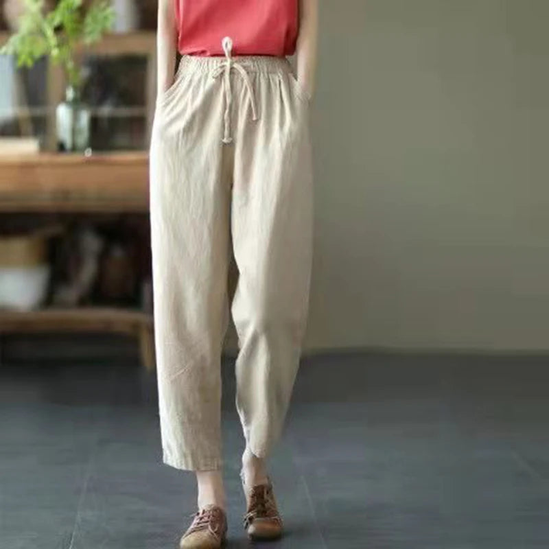 Vintage Ladies Harem Trousers – Comfortable High Waist Cotton-Linen Blend — detail view