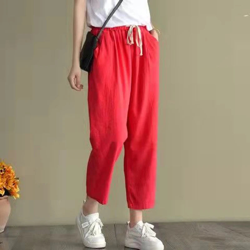 Vintage Ladies Harem Trousers – Comfortable High Waist Cotton-Linen Blend — fabric detail