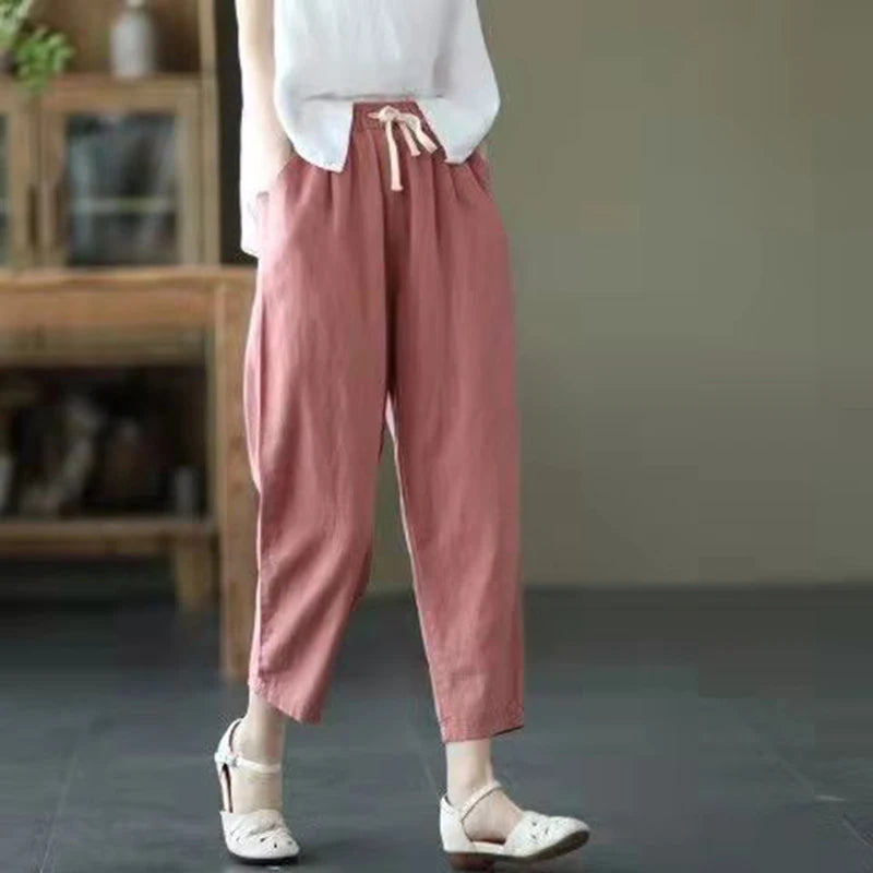 Vintage Ladies Harem Trousers – Comfortable High Waist Cotton-Linen Blend — model wearing