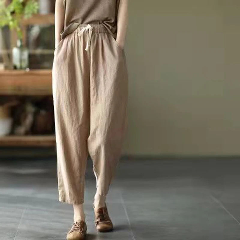 Vintage Ladies Harem Trousers – Comfortable High Waist Cotton-Linen Blend — side view