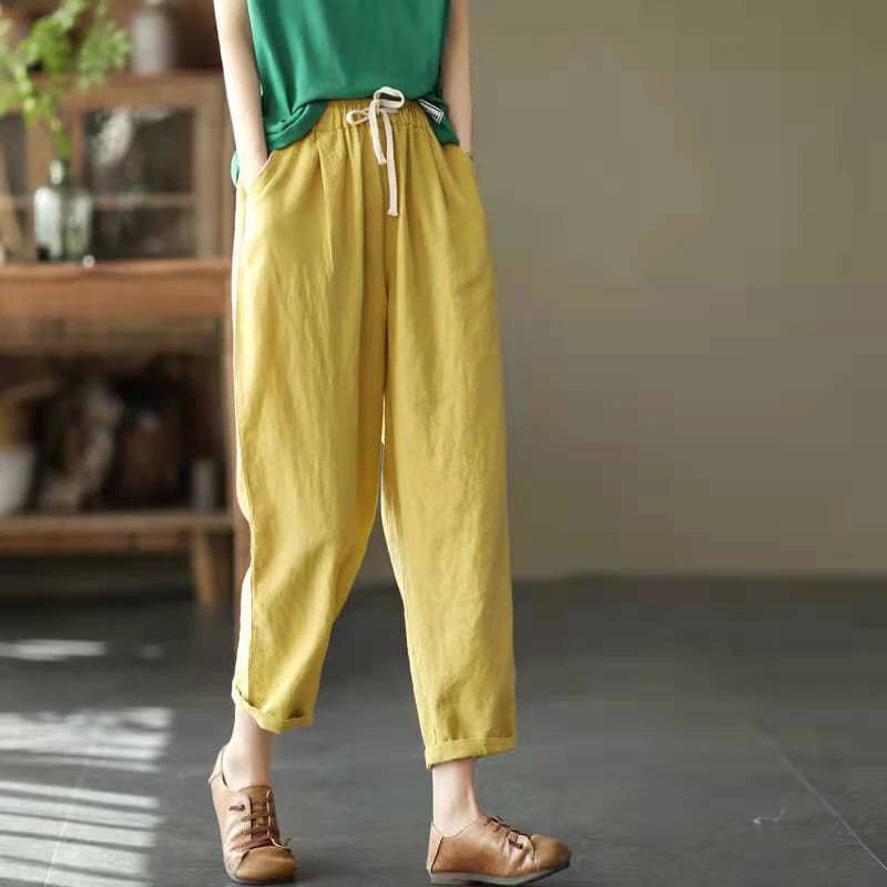 Vintage Ladies Harem Trousers – Comfortable High Waist Cotton-Linen Blend — styling detail