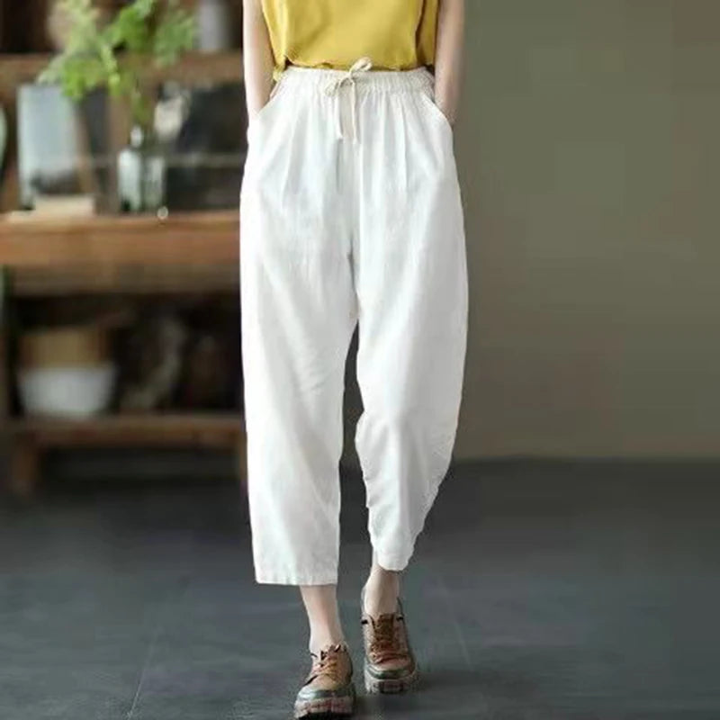 Vintage Ladies Harem Trousers – Comfortable High Waist Cotton-Linen Blend