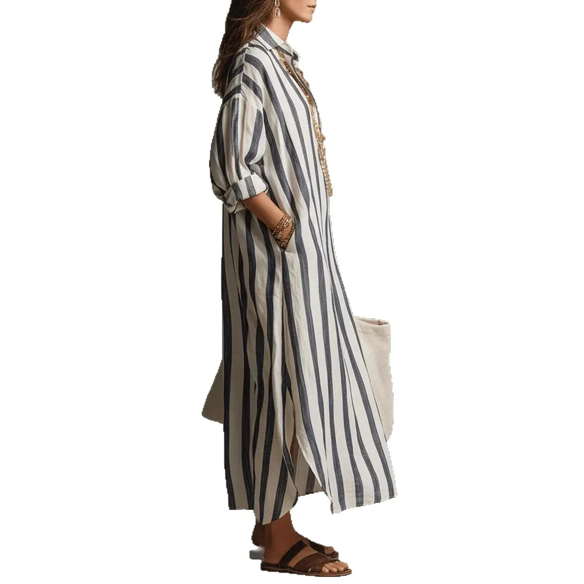 Vintage Print Maxi Dress – Elegant Breathable Linen for Casual Beach Wear — model wearing