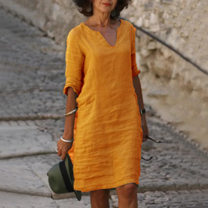 Vintage Solid Mini Dress – Casual V-Neck Cotton Linen Summer Style — alternative angle