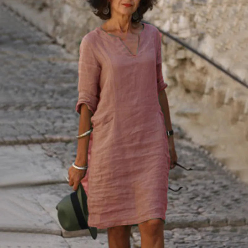 Vintage Solid Mini Dress – Casual V-Neck Cotton Linen Summer Style — back view