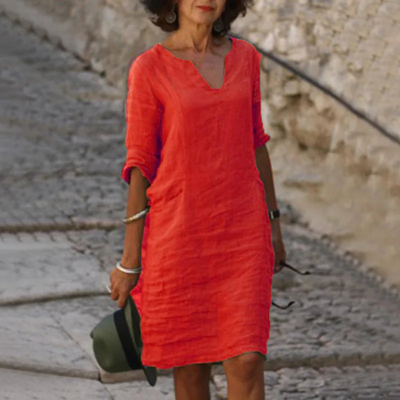 Vintage Solid Mini Dress – Casual V-Neck Cotton Linen Summer Style — detail view