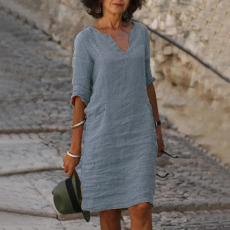 Vintage Solid Mini Dress – Casual V-Neck Cotton Linen Summer Style — fabric detail