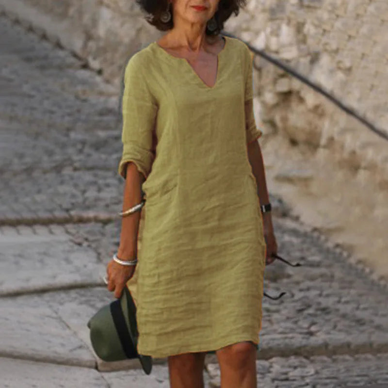 Vintage Solid Mini Dress – Casual V-Neck Cotton Linen Summer Style — fit overview