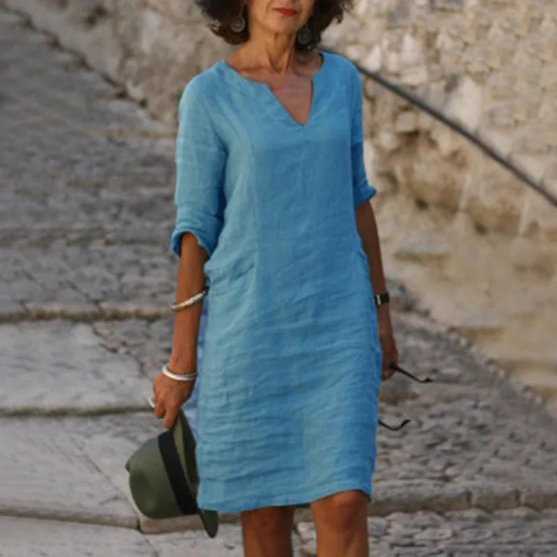 Vintage Solid Mini Dress – Casual V-Neck Cotton Linen Summer Style — side view