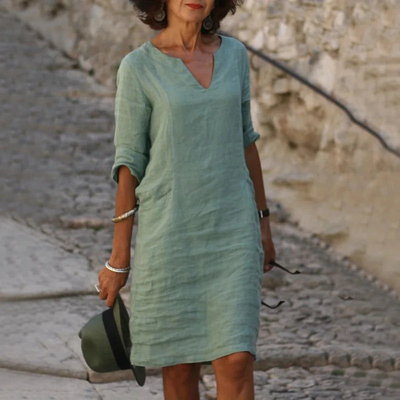 Vintage Solid Mini Dress – Casual V-Neck Cotton Linen Summer Style — styling detail