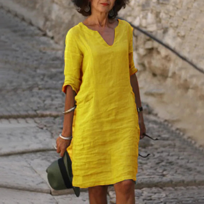 Vintage Solid Mini Dress – Casual V-Neck Cotton Linen Summer Style