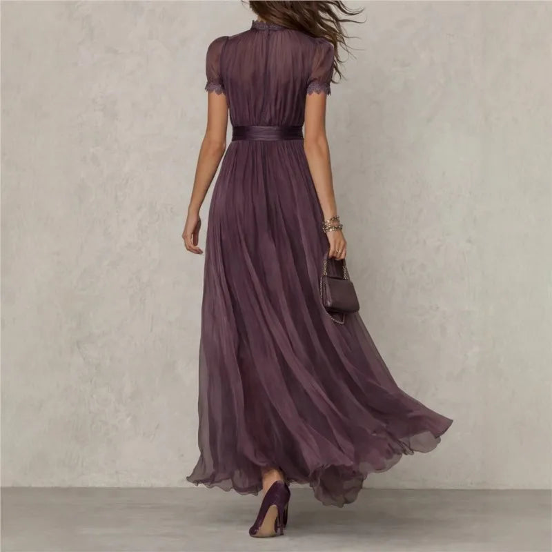 Vintage Spliced Maxi Dress – Elegant Stand Collar & Lantern Sleeves for Formal Events — back view