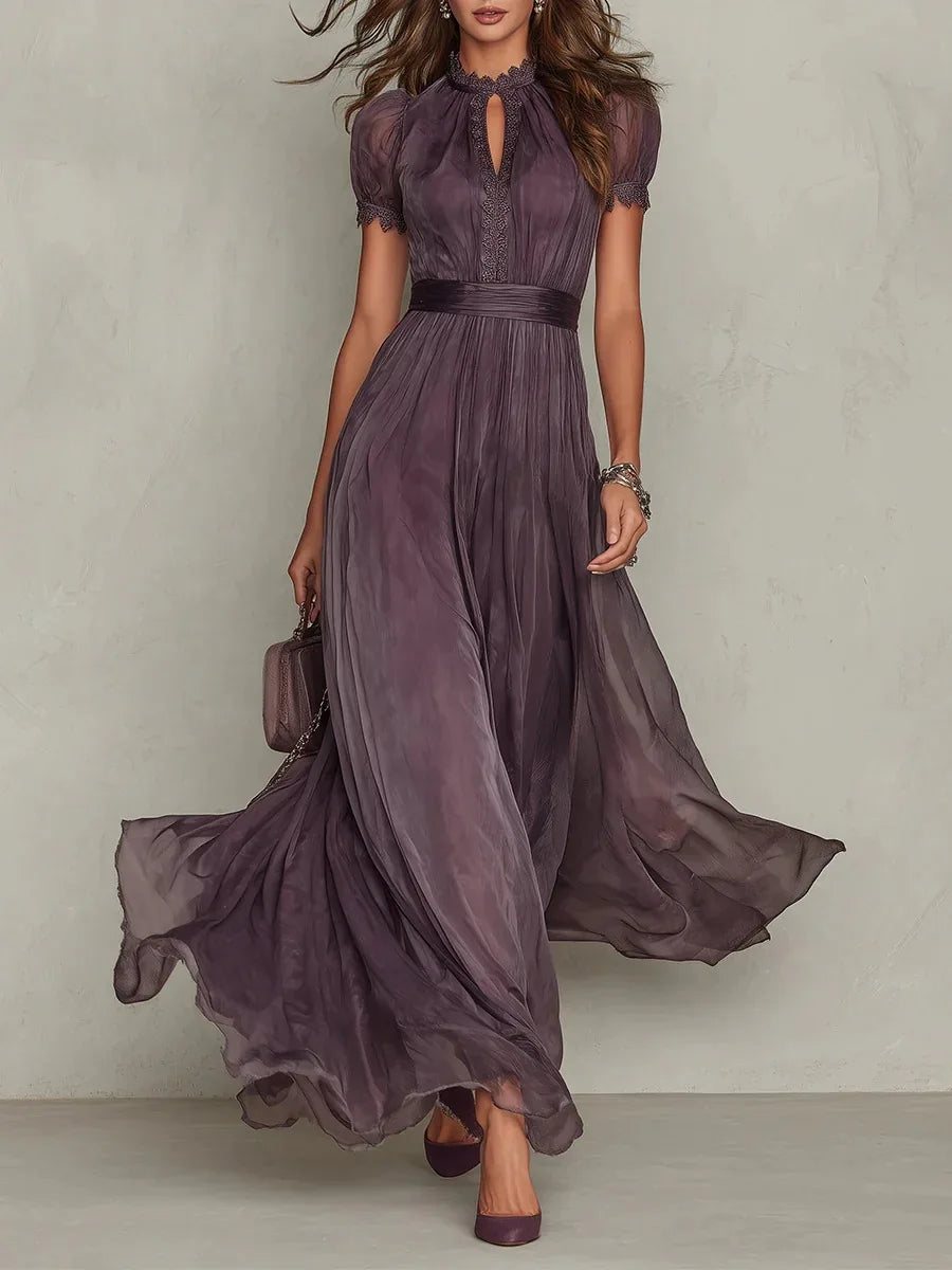 Vintage Spliced Maxi Dress – Elegant Stand Collar & Lantern Sleeves for Formal Events — close-up