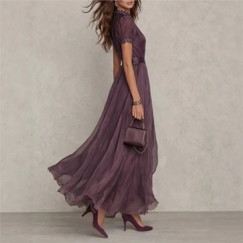 Vintage Spliced Maxi Dress – Elegant Stand Collar & Lantern Sleeves for Formal Events — detail view