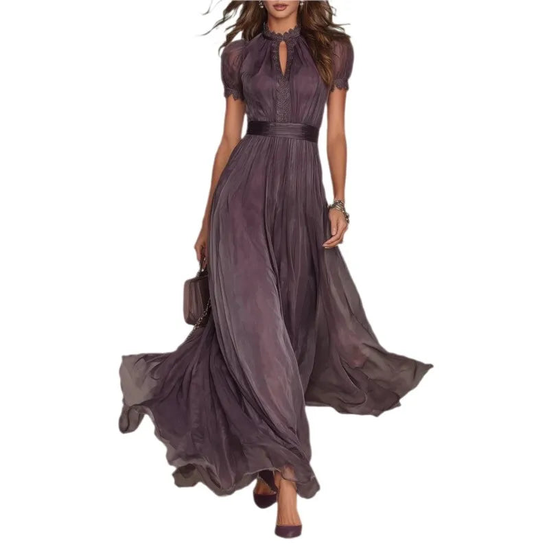 Vintage Spliced Maxi Dress – Elegant Stand Collar & Lantern Sleeves for Formal Events — model wearing