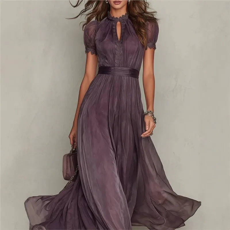 Vintage Spliced Maxi Dress – Elegant Stand Collar & Lantern Sleeves for Formal Events