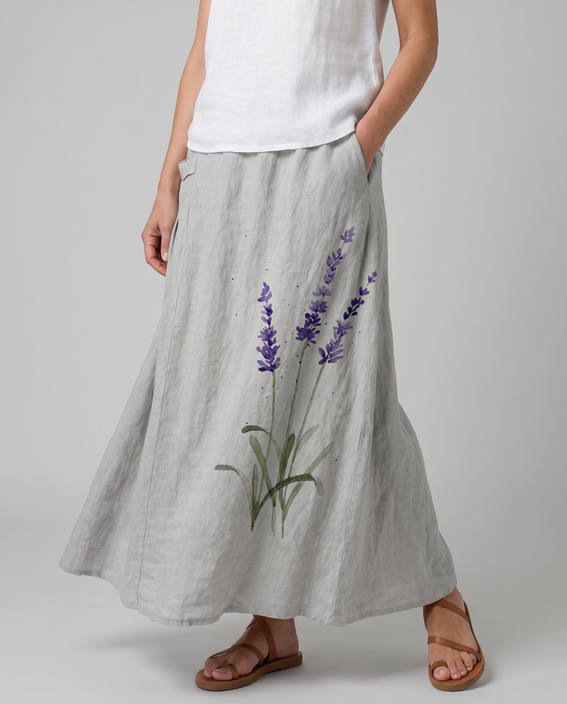 Watercolor Lavender Floral Pocket Skirt — model wearing