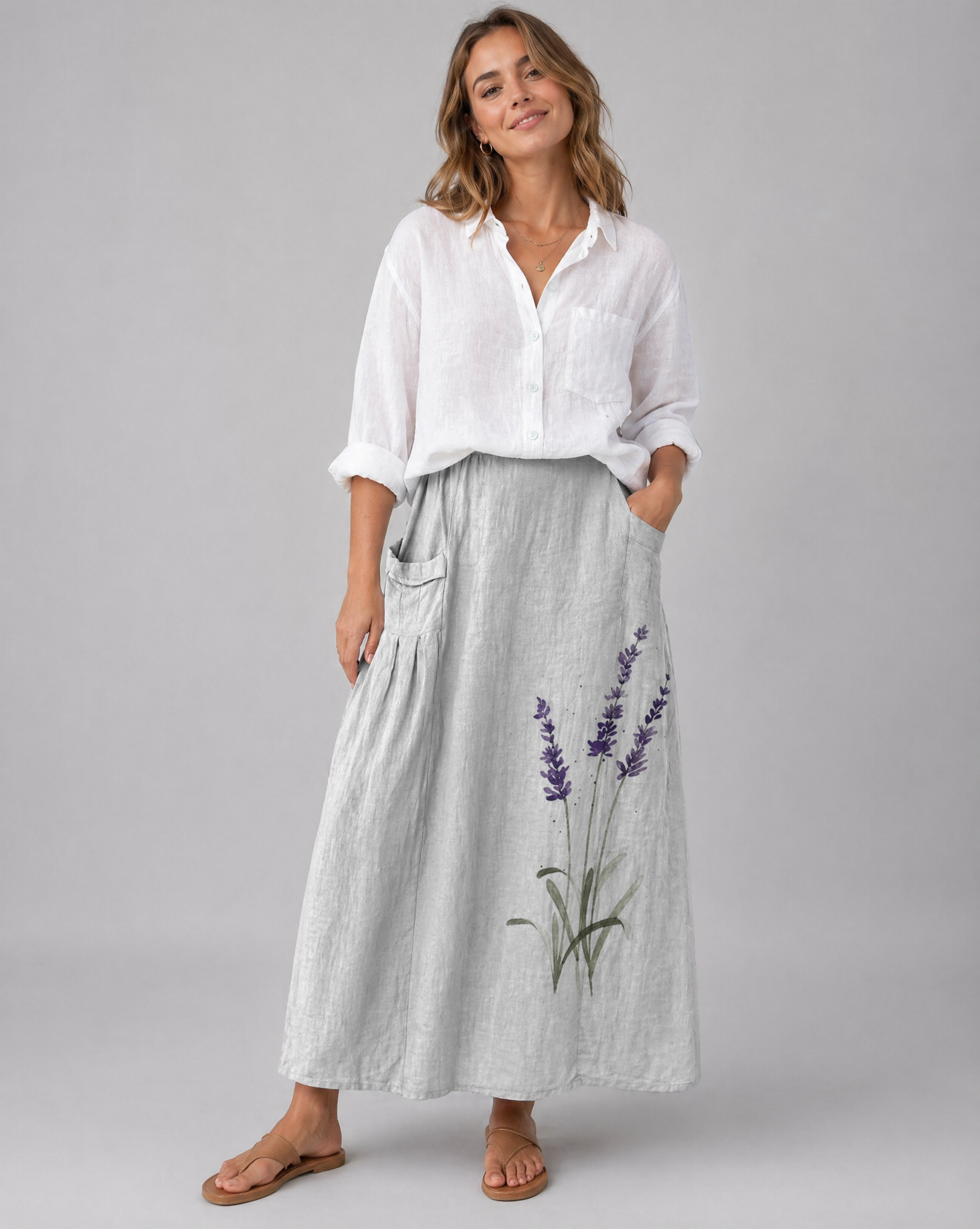 Watercolor Lavender Floral Pocket Skirt — side view
