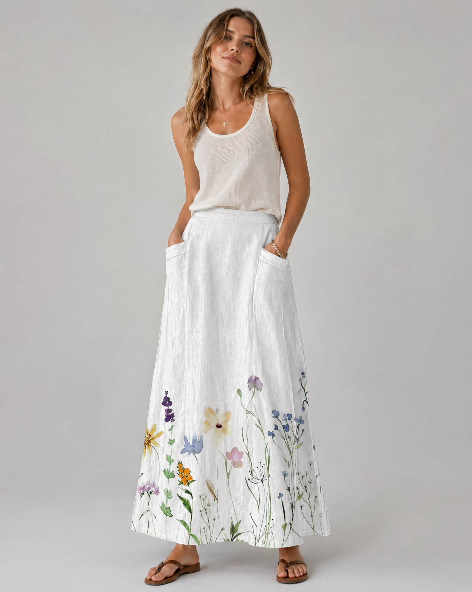Watercolor Spring Meadow Floral Pocket Skirt — back view