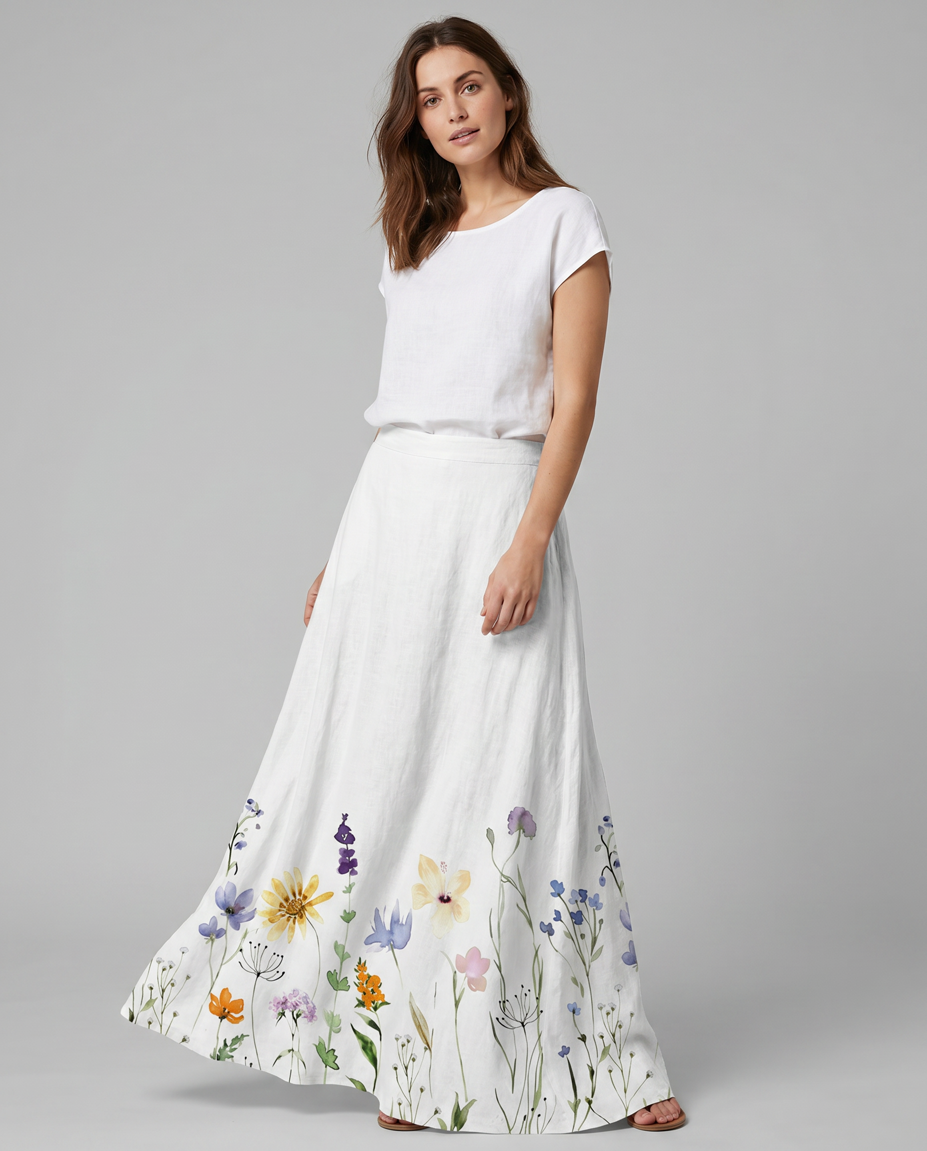 Watercolor Spring Meadow Floral Pocket Skirt — detail view