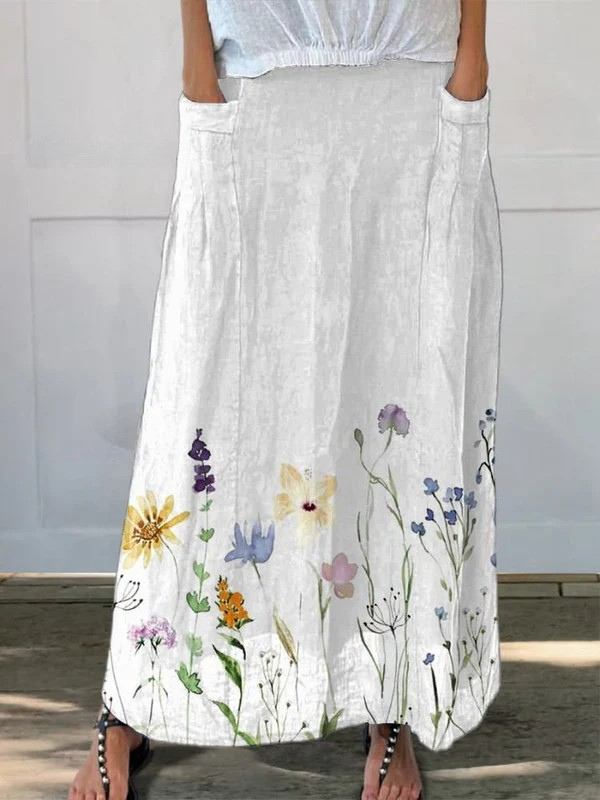 Watercolor Spring Meadow Floral Pocket Skirt — model wearing