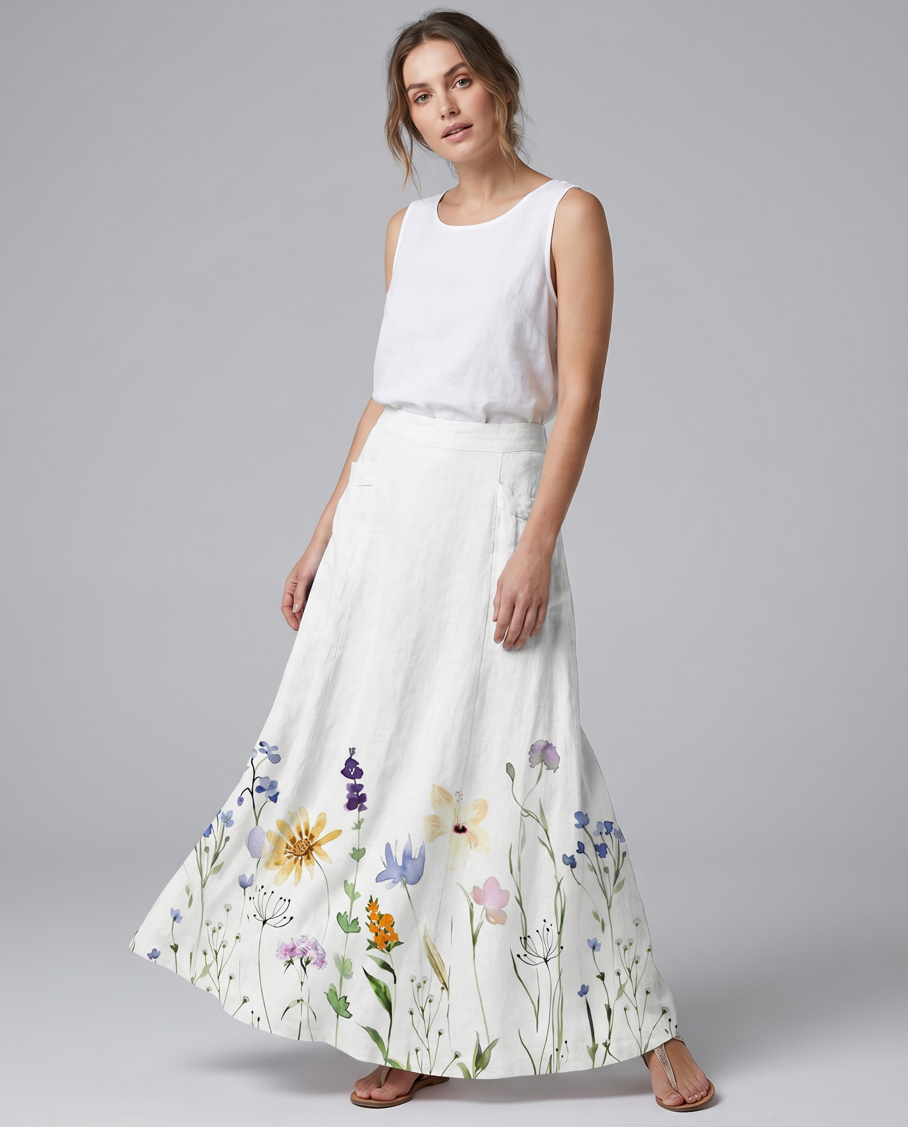 Watercolor Spring Meadow Floral Pocket Skirt — side view