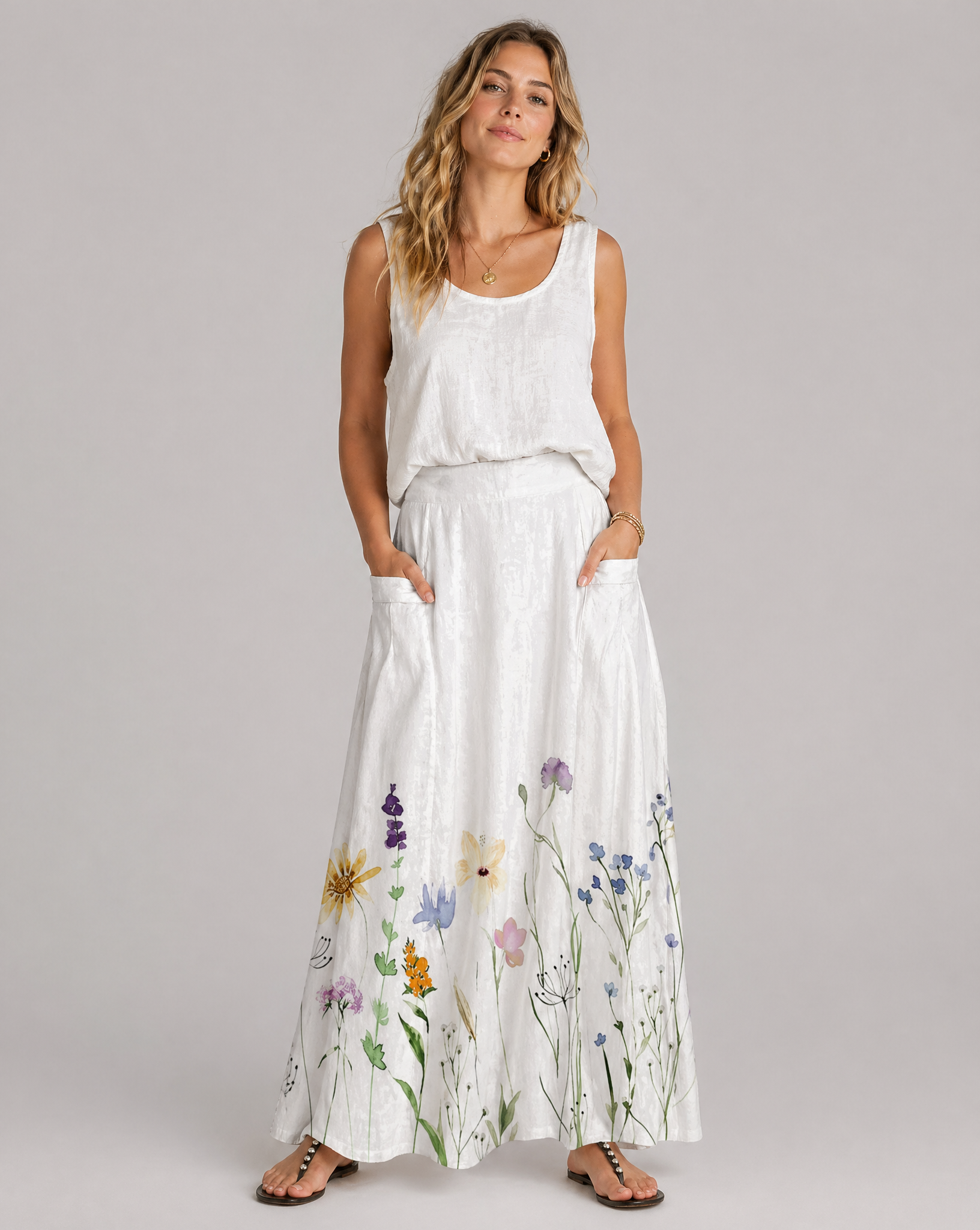 Watercolor Spring Meadow Floral Pocket Skirt