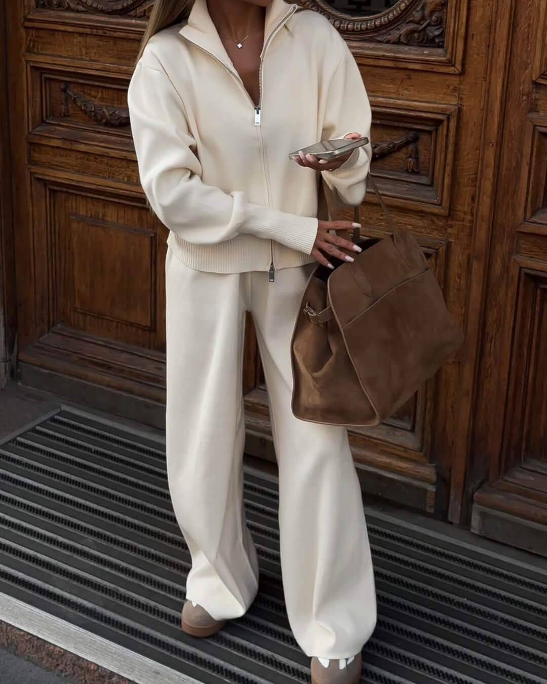 Wide Leg Knit Zip Up Jacket and Trousers Two-Piece Lounge Set