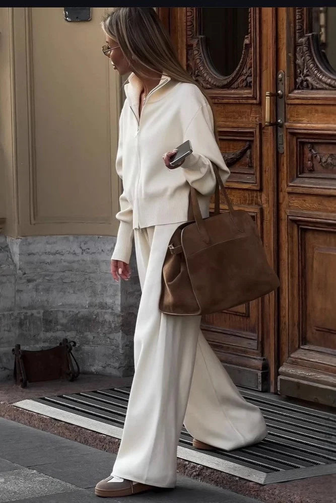 Wide Leg Knit Zip Up Jacket and Trousers Two-Piece Lounge Set