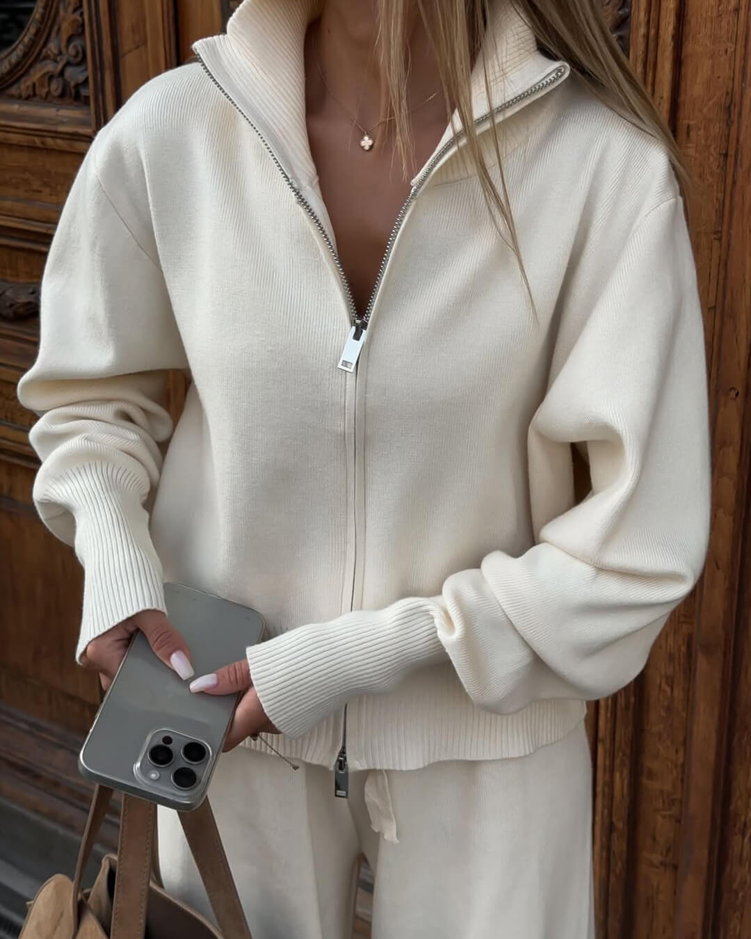 Wide Leg Knit Zip Up Jacket and Trousers Two-Piece Lounge Set